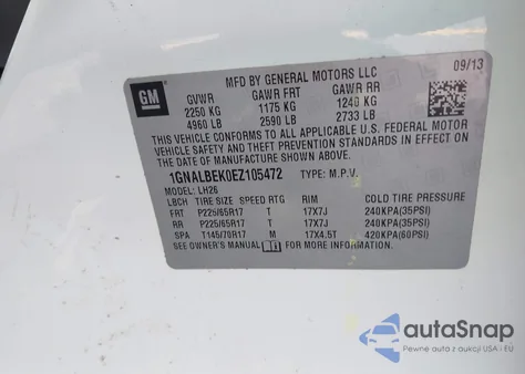 2014 Chevrolet Equinox 1Lt из США, поврежденный, VIN 1GNALBEK0EZ105472